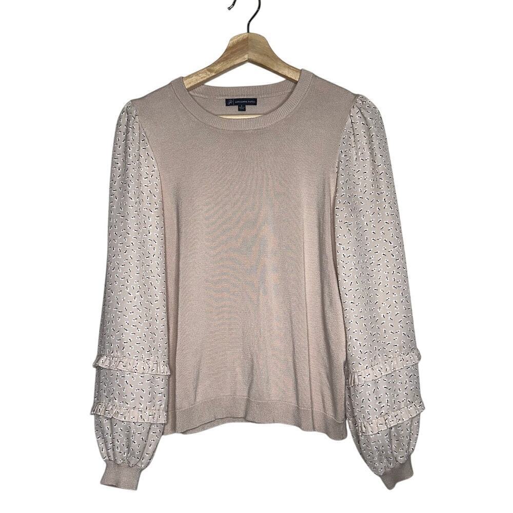 Adrianna Papell Knit Sweater Blouse Sheer Puff Sleeve Beige Small